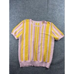 Q2 Collection Womens L Pink Striped Artsy Short Sleeve Sweater Preppy Retro 90s